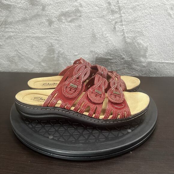 Clarks Leisa Faye Sandals Womens 7M Red Leather Slip On Adjustable Slide Shoes - Picture 1 of 9